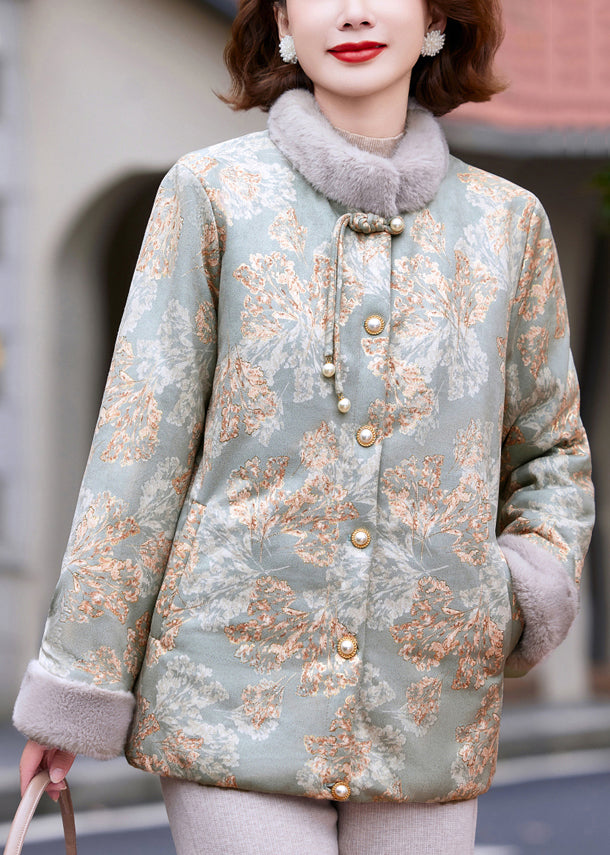 Neu Grün Stehkragen Print Patchwork Warme Fleece Parka Winter RC018