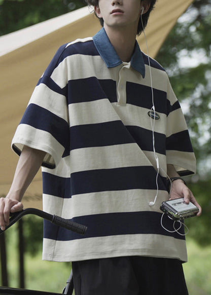 Polo d'été en coton rayé pour homme, chemise à boutons, vert