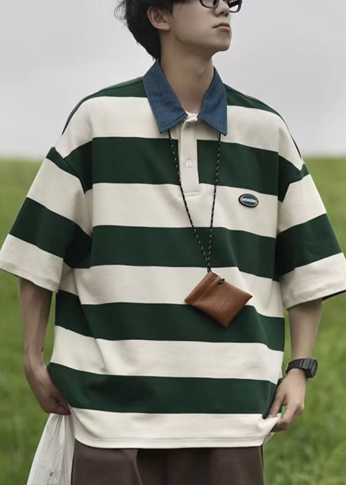 Polo d'été en coton rayé pour homme, chemise à boutons, vert