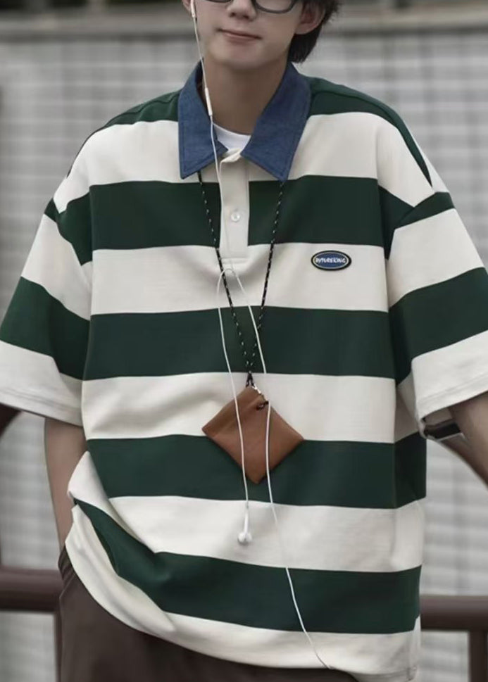 Polo d'été en coton rayé pour homme, chemise à boutons, vert