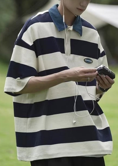 Polo d'été en coton rayé pour homme, chemise à boutons, vert