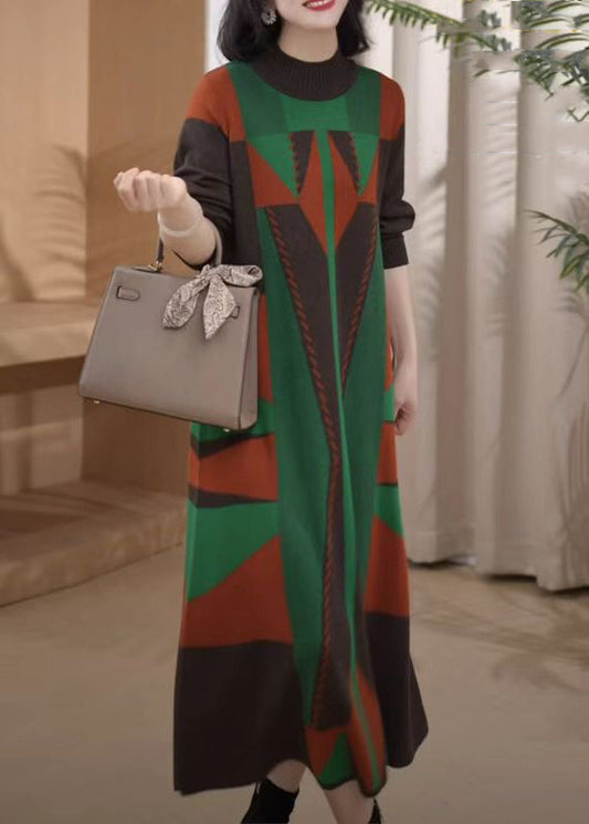 Nouvelle robe pull verte à col roulé et motif géométrique pour l'hiver RF043