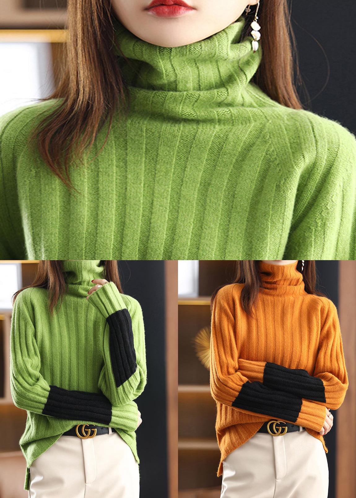 Neue grüne Rollkragen Patchwork Wollpullover Frühling TF044