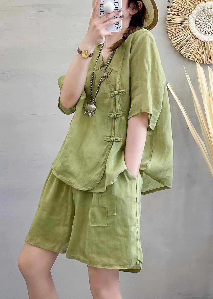 New Green V Neck Button Linen Two-Piece Set Summer RE024