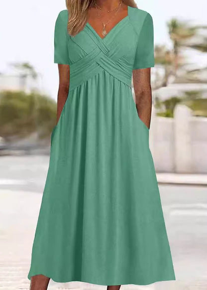 Nouvelle robe longue en coton vert uni avec poches et col en V pour l'été QA026