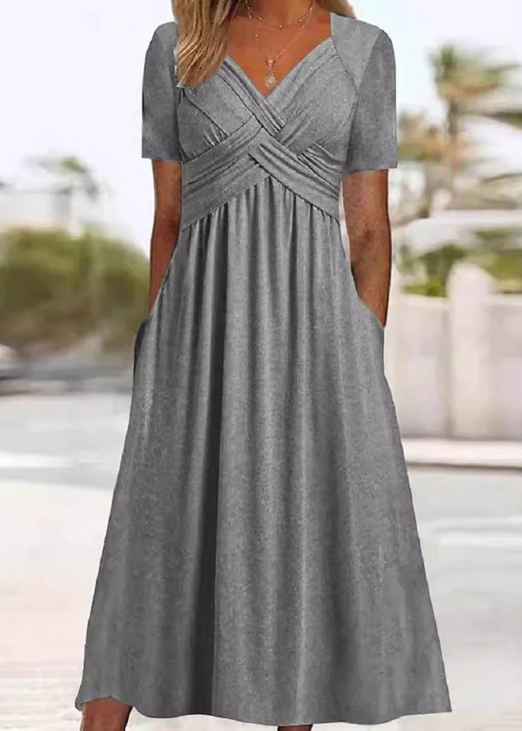 New Green V Neck Pockets Solid Cotton Long Dress Summer QA026