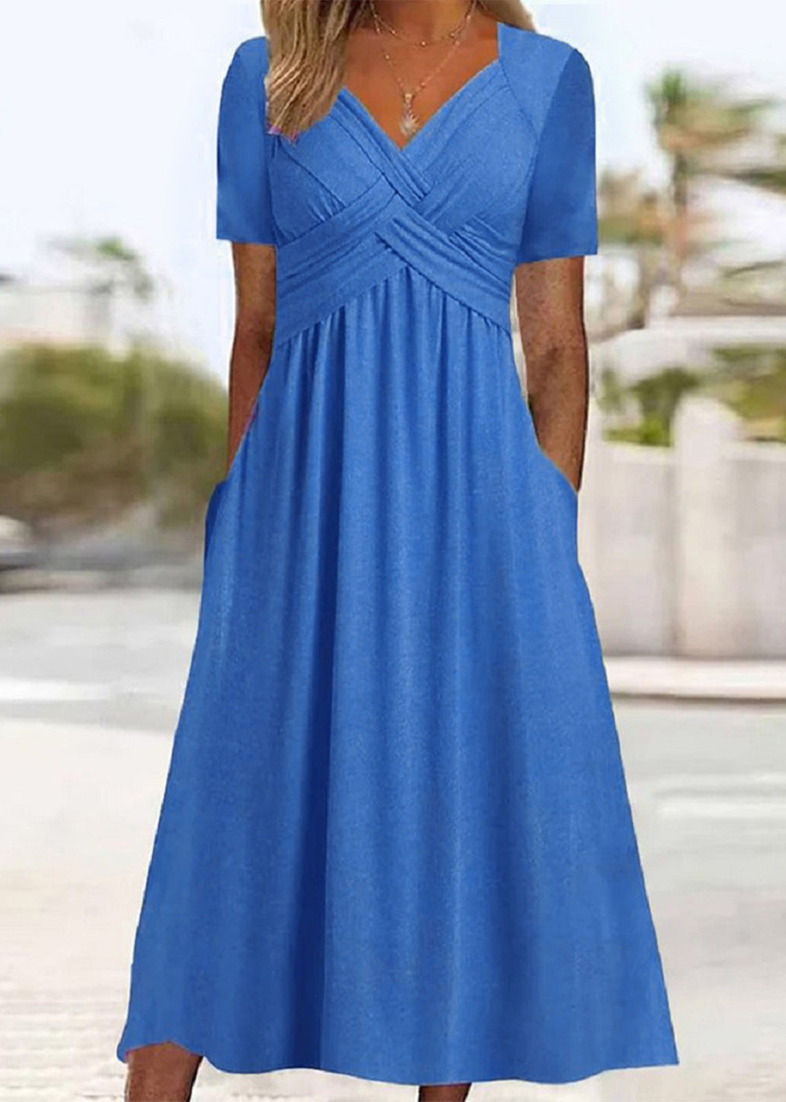 New Green V Neck Pockets Solid Cotton Long Dress Summer QA026