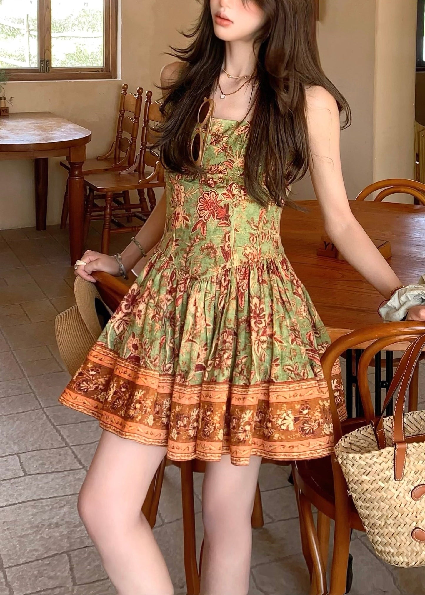 New Green Wrinkled Print Cotton Spaghetti Strap Dress Summer ZL052