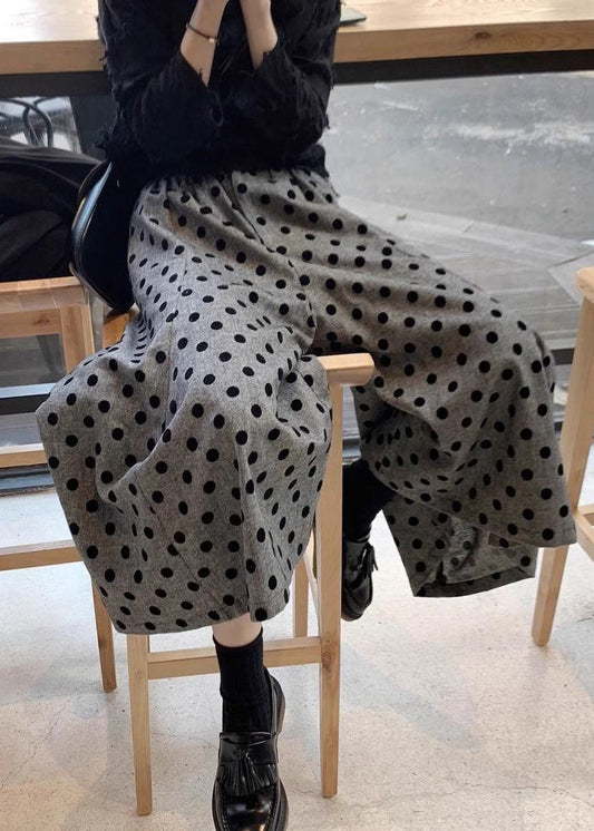 Pantalon d'été en coton gris à pois, taille élastique, jambes larges