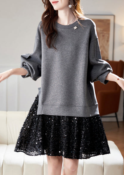 Neu Grau O Neck Pailletten Patchwork Baumwolle Kleid Frühling RL025