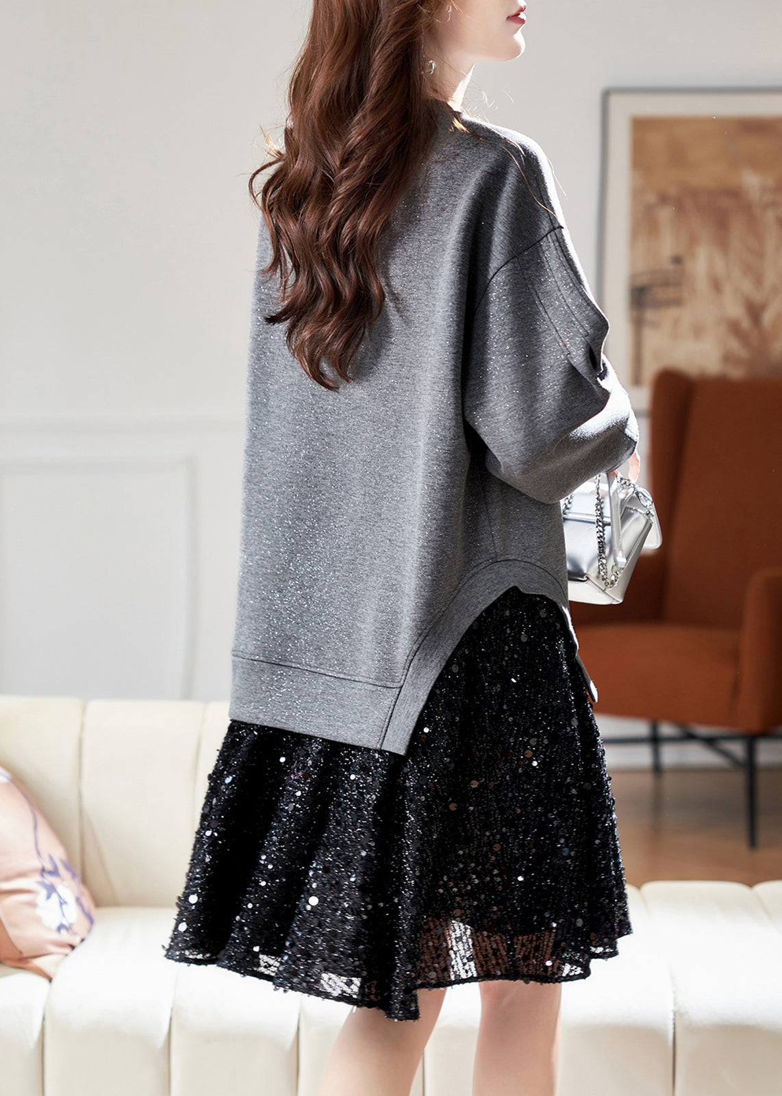 Neu Grau O Neck Pailletten Patchwork Baumwolle Kleid Frühling RL025