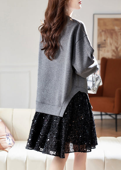 Neu Grau O Neck Pailletten Patchwork Baumwolle Kleid Frühling RL025