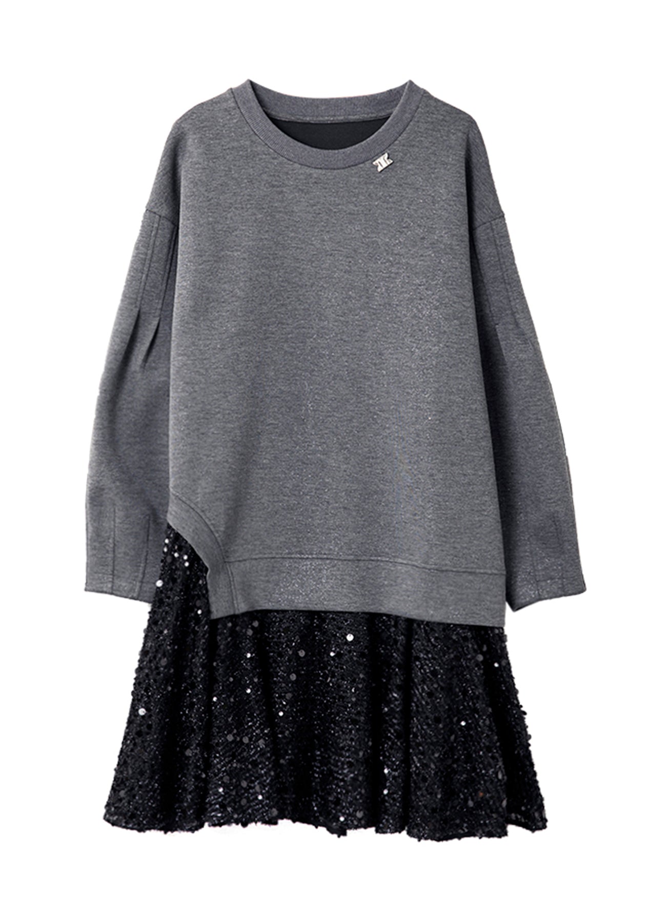 Neu Grau O Neck Pailletten Patchwork Baumwolle Kleid Frühling RL025