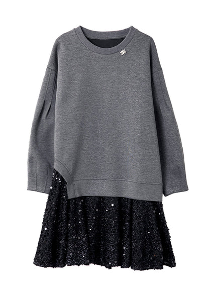 Neu Grau O Neck Pailletten Patchwork Baumwolle Kleid Frühling RL025