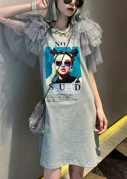 Cotton New Dress Tulle Grey Shirts Patchwork Print T Summer