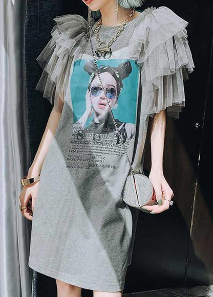 Cotton New Dress Tulle Grey Shirts Patchwork Print T Summer