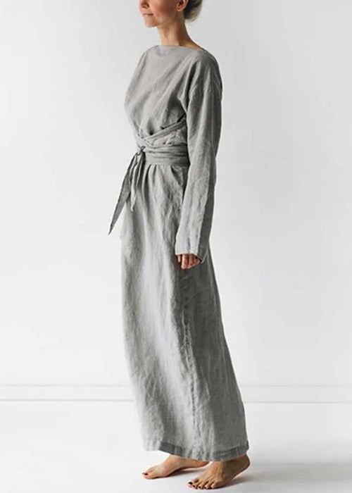 New Grey Solid Tie Waist Cotton Long Dress Long Sleeve FF042