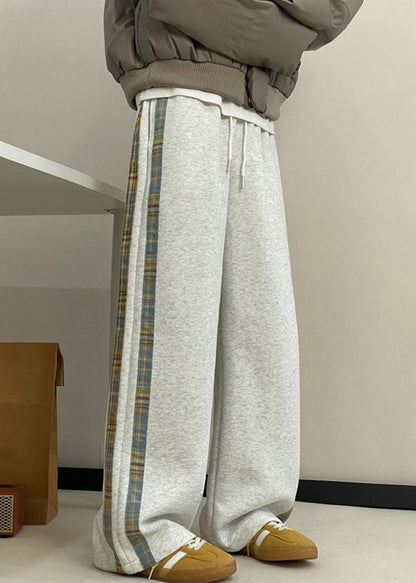 New Grey Striped Pockets Warm Fleece Men Wide Leg Pants Spring RM057