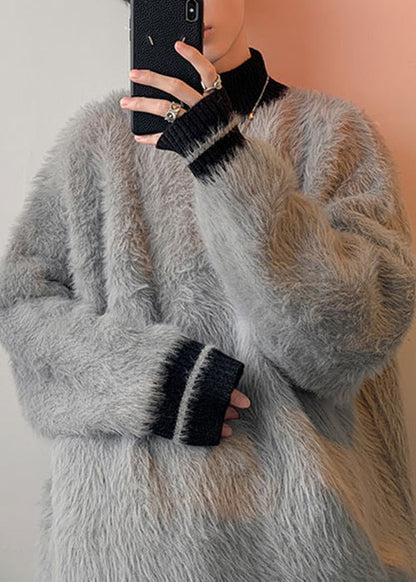 Neu Grau Rollkragen Patchwork Nerz Samt Pullover Männer Winter RC034