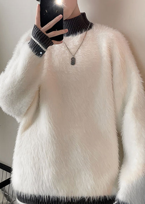 Neu Grau Rollkragen Patchwork Nerz Samt Pullover Männer Winter RC034