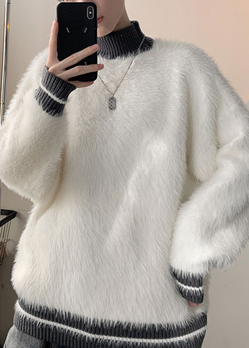 Neu Grau Rollkragen Patchwork Nerz Samt Pullover Männer Winter RC034