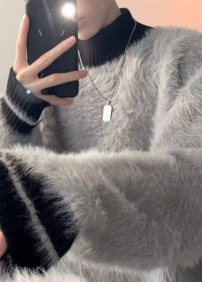 Neu Grau Rollkragen Patchwork Nerz Samt Pullover Männer Winter RC034