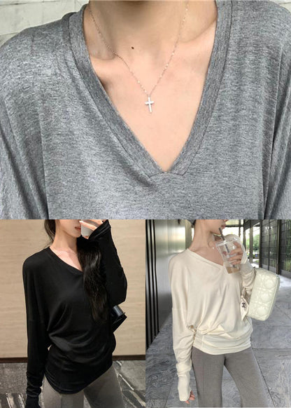 Neues, graues T-Shirt aus massiver Baumwolle mit V-Ausschnitt, Frühling, TD027