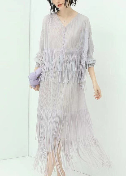 New Grey V Neck Tasseled Chiffon Two Piece Suit Set Summer AA1016