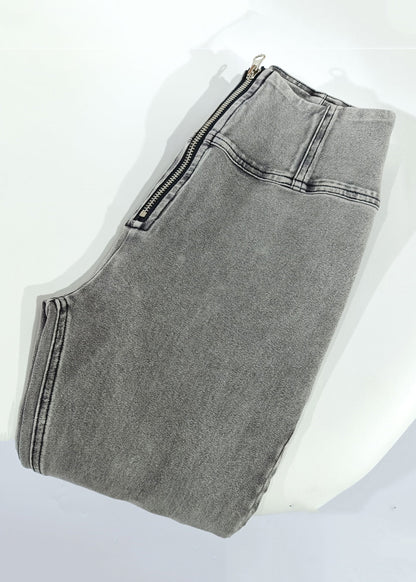 Nouveau pantalon évasé taille haute zippé gris pour l'été KK002