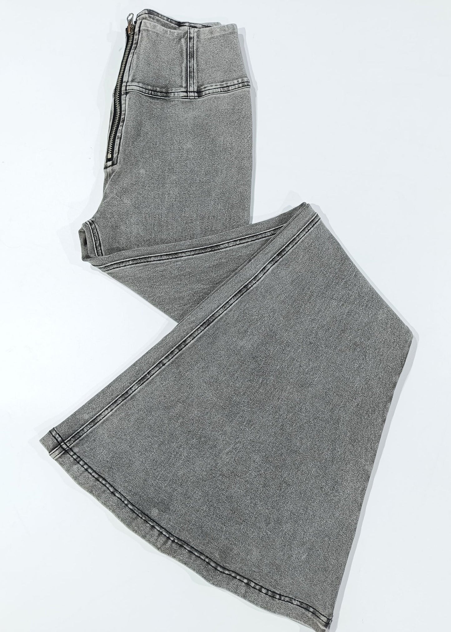 New Grey Zippered High Waist Knit Flare Bottoms Summer KK002