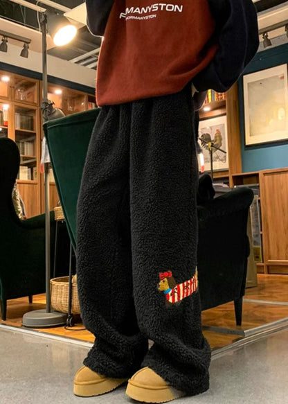 Pantalon kaki en fausse fourrure pour homme, poches animal, hiver, RM058