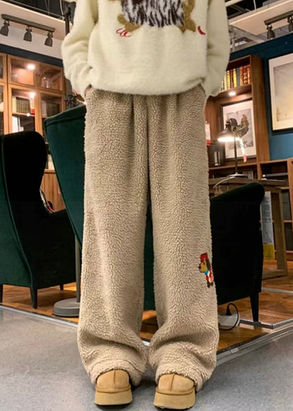 Pantalon kaki en fausse fourrure pour homme, poches animal, hiver, RM058