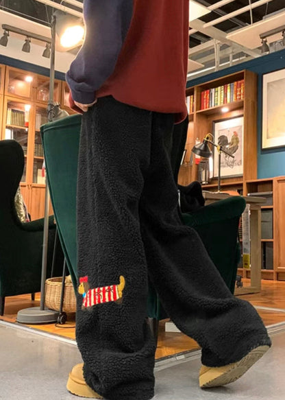 Pantalon kaki en fausse fourrure pour homme, poches animal, hiver, RM058