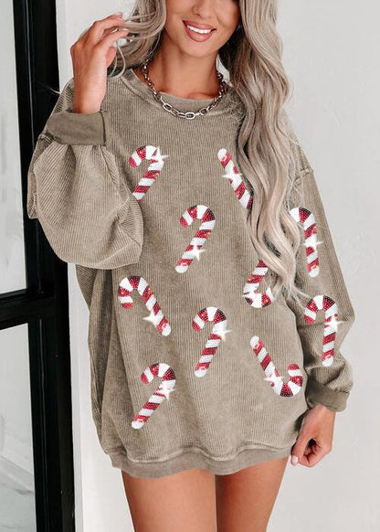 New Khaki Sequins Loose Cotton Sweatshirt Long Sleeve AE1034