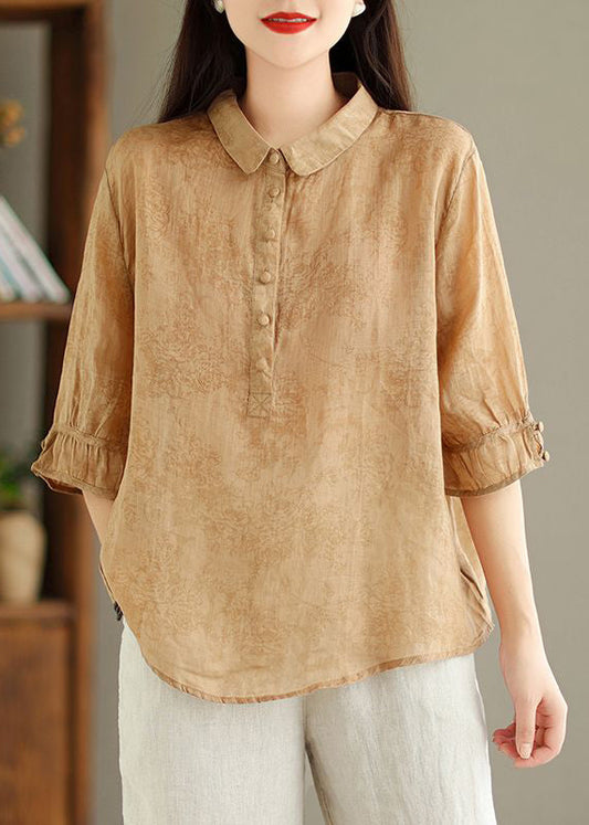 New Khaki Solid Button Print Linen Shirt Summer GG044