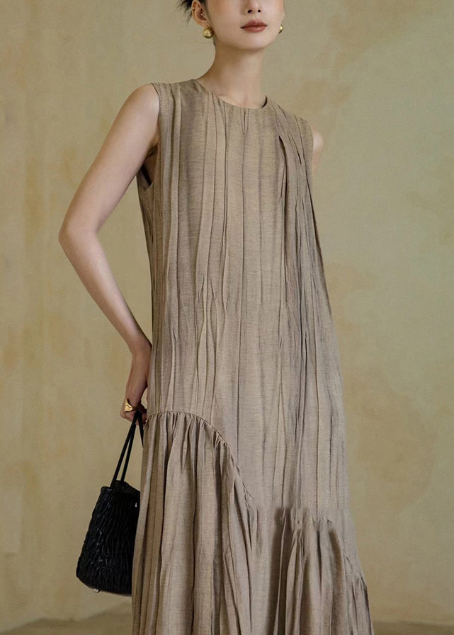 New Khaki Solid Wrinkled Patchwork Cotton Long Dresses Sleeveless OP1063