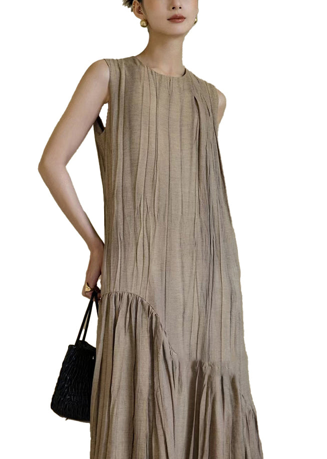 New Khaki Solid Wrinkled Patchwork Cotton Long Dresses Sleeveless OP1063