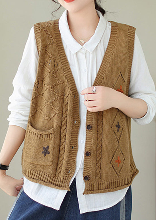 New Khaki V Neck Embroideried Knit Vest Sleeveless QA036