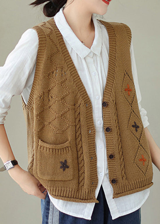 New Khaki V Neck Embroideried Knit Vest Sleeveless QA036