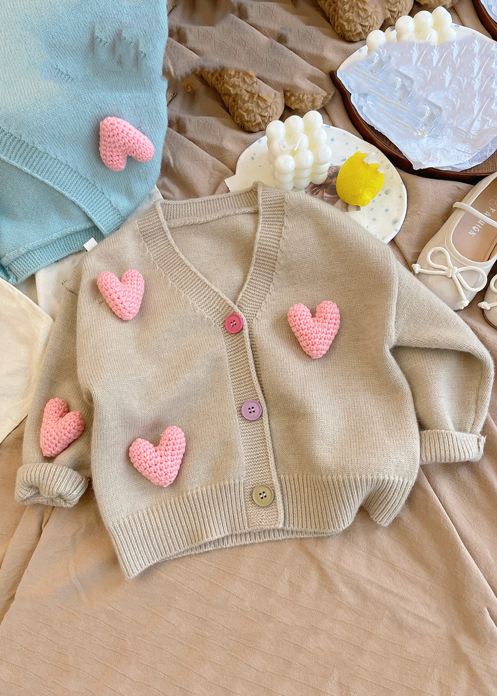 Nouveau cardigan kaki en tricot de coton à col en V pour fille, hiver WL050