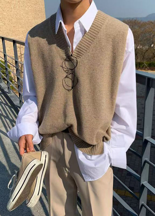 Neue Khaki V-Ausschnitt Solide Gemütliche Strickweste für Männer Ärmellos RJ024