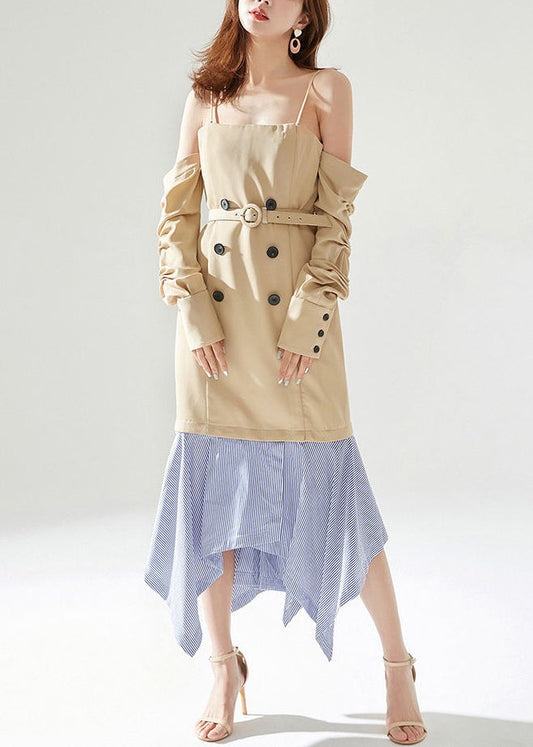 New Khaki Zippered Removable Sleeves Patchwork Cotton Dresses Long Sleeve XX009