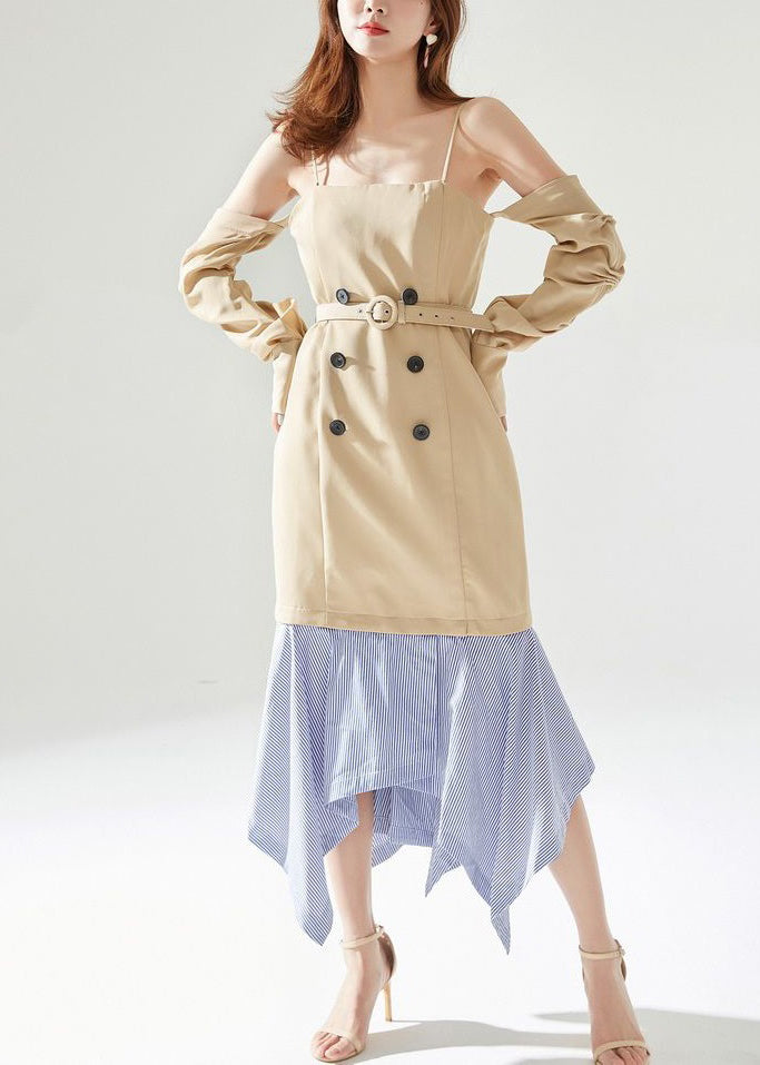 New Khaki Zippered Removable Sleeves Patchwork Cotton Dresses Long Sleeve XX009