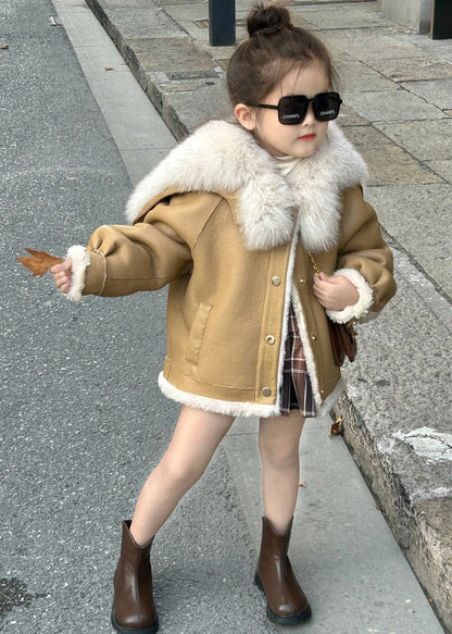 New Light Camel Fur Collar Patchwork Girls Leather And Fur Coats Winter TG019