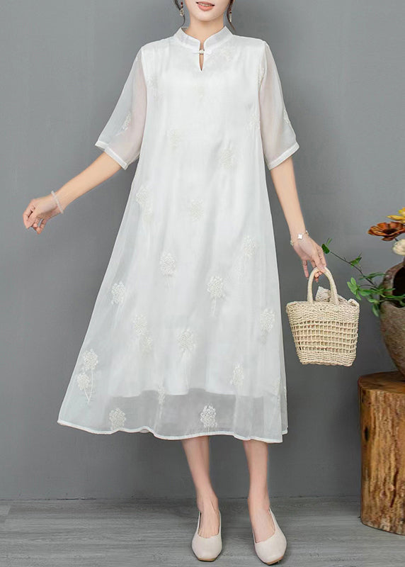 New Light Green Stand Collar Embroidered Linen Dress Half Sleeve JH033