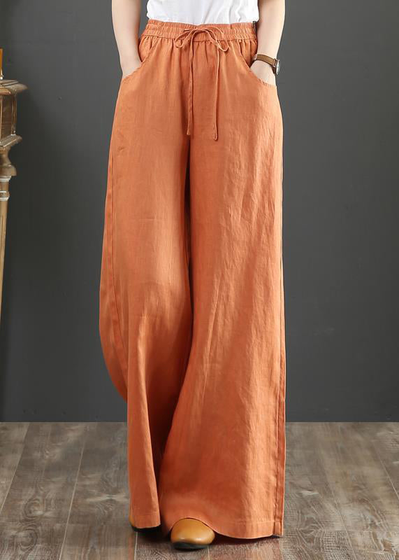 New Linen Pockets Solid Elastic Waist Linen Wide Leg Pants Fall QA029