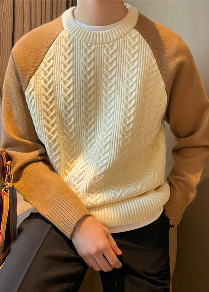Pull bleu marine à col rond et patchwork en maille torsadée pour homme, printemps TK001