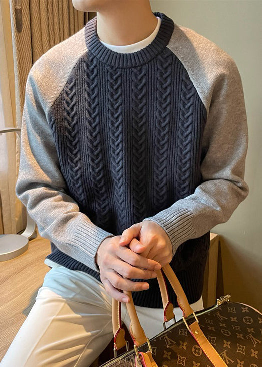 Pull bleu marine à col rond et patchwork en maille torsadée pour homme, printemps TK001