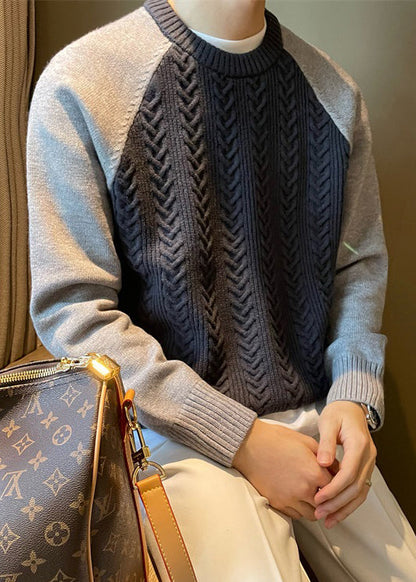 Pull bleu marine à col rond et patchwork en maille torsadée pour homme, printemps TK001