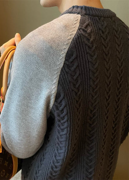 Pull bleu marine à col rond et patchwork en maille torsadée pour homme, printemps TK001